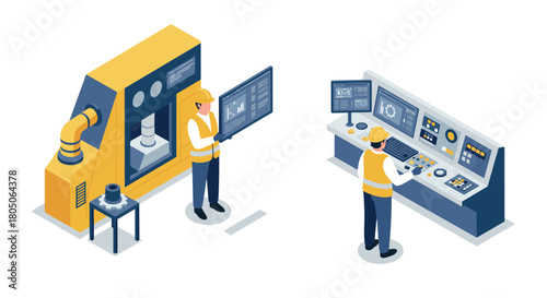 Isometric factory automation process with engineers and control room interface