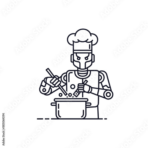 Robot Chef Stirring Pot with Spoons, Wearing Chef Hat, Line Art.
