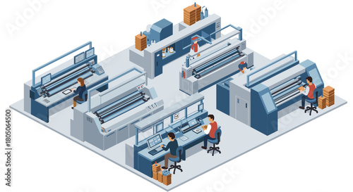 Modern print shop operations in isometric style