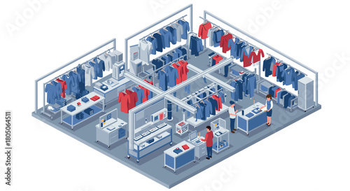Clothing store isometric design with customers and employees interacting in modern interior