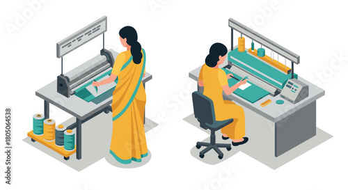 Modern textile industry: isometric women working in sewing and printing rooms
