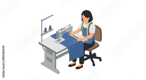 Isometric seamstress working on sewing machine in tailoring workshop