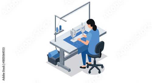 Isometric seamstress at work with sewing machine in modern tailor shop