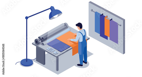 Seamstress workshop in isometric style with fabric rolls and cutting table