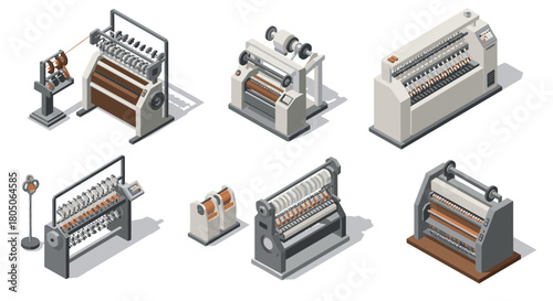 Isometric textile machinery set showcasing various spool and yarn processing equipment