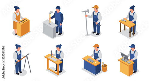 Set of isometric workers engaged in various manual and technical tasks