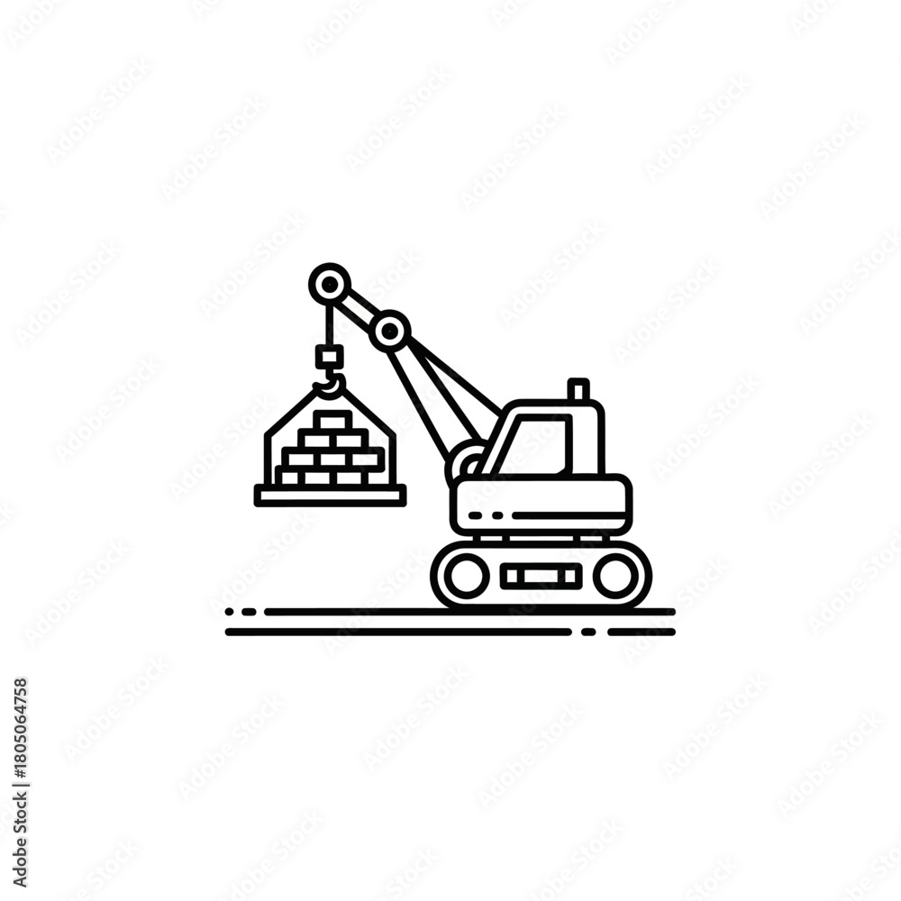 Naklejka premium Simple Line Art Illustration of a Construction Crane Lifting Bricks.