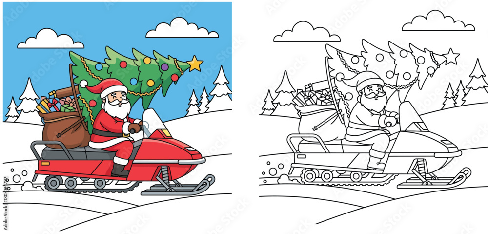 Obraz premium Santa Claus riding a red snowmobile carrying a Christmas tree and gifts, vector illustration with coloring book page outline