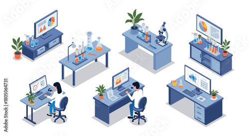 Isometric science lab workspace with computers and research equipment