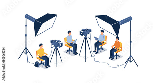 Isometric media production scene with cameras and lights setup