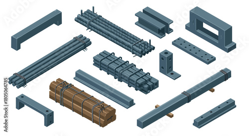 Isometric construction materials: beams, rebar, and steel structures