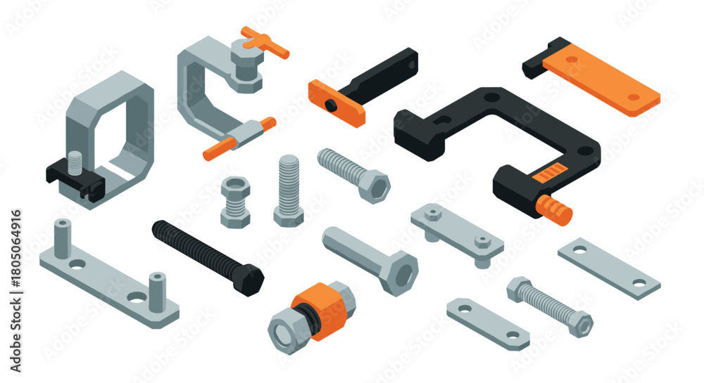 Obraz premium Industrial hardware collection: isometric tools and fasteners in gray and orange