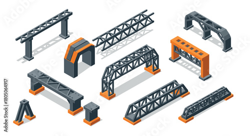 Set of isometric industrial bridges and structures with steel and concrete elements