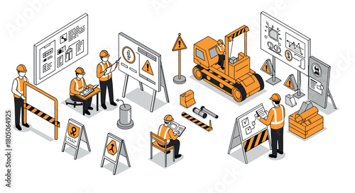 Industrial safety training scene with engineers and construction equipment in isometric style