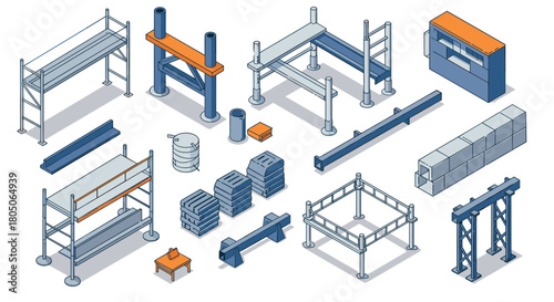 Isometric construction equipment set featuring scaffolding and building accessories