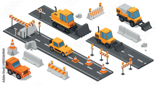 Construction site set with vehicles and barriers in isometric design