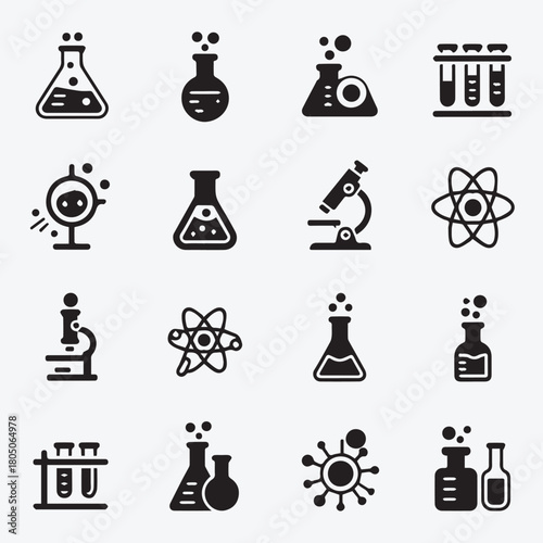 Clean Vector Icon Set Featuring Laboratory Equipment, Science, Chemistry, and Medical Research Black Glyph Symbols