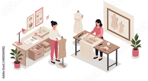 Fashion design studio scene with tailors and sewing patterns in isometric style