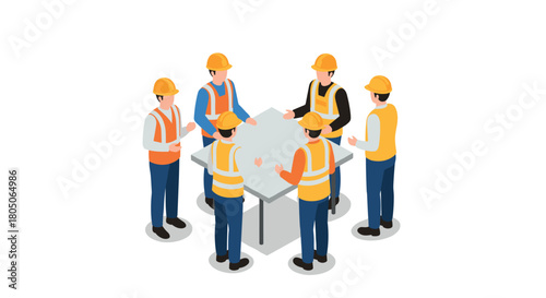 Construction team discussion around table in isometric design