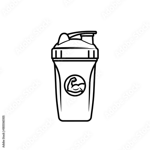 A black and white line art icon of a protein shaker bottle with a bicep flex muscle logo.