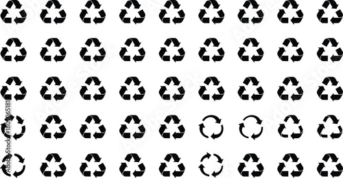 Recycling symbol icon set, eco arrow graphics, sustainability design elements, green reuse logos, environmental conservation signs, circular recycle illustrations