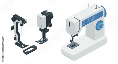 Isometric sewing machine and presser feet set with blue accents