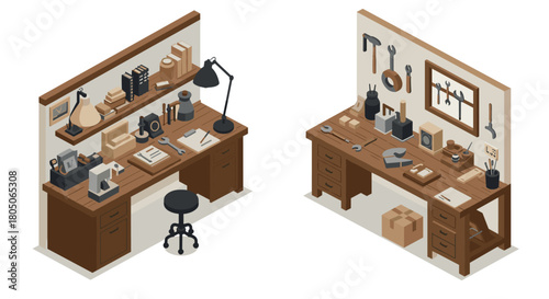 Isometric workshop desks with tools and equipment
