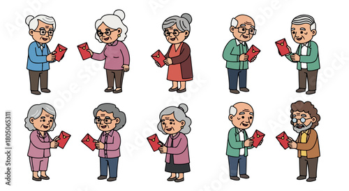 Elderly people holding red envelopes for Chinese New Year