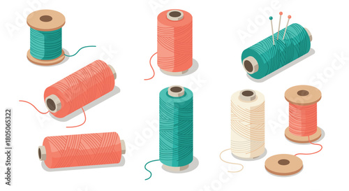 Colorful sewing thread spools and pins in isometric design