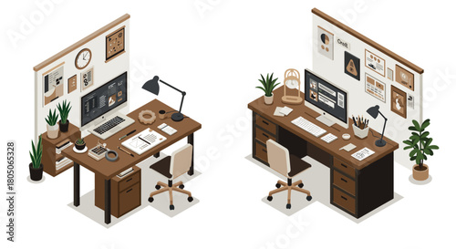 Isometric office workspace design with modern decor and technology elements