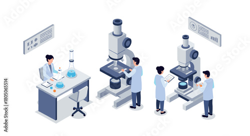 Modern laboratory scene with researchers and microscopes in isometric style