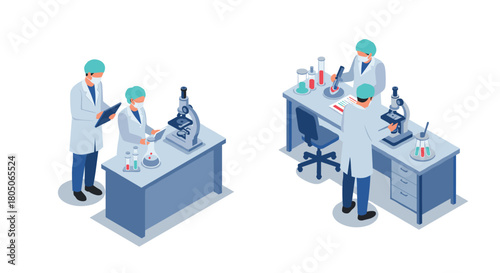 Scientists conducting experiments in isometric laboratory scene with equipment