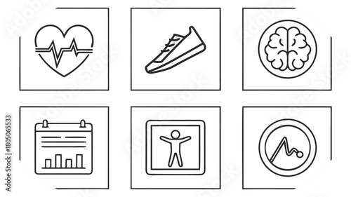 Health and Wellness Icons Featuring Heartbeat Brain Calendar and Running Shoe fitness symbols