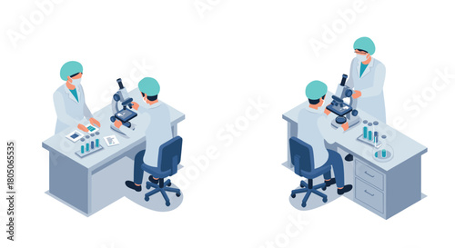 Isometric medical laboratory scene with scientists using microscopes and analyzing samples