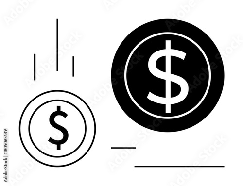 Black and white dollar coins, one falling with lines symbolizing movement. Ideal for finance, wealth, investment, business, savings, economy, and cash flow a simple flat metaphor