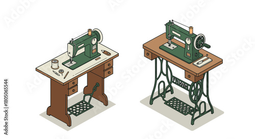 Vintage sewing machines on wooden tables in isometric style