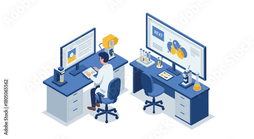 Isometric laboratory scene with scientist using digital equipment in research setting