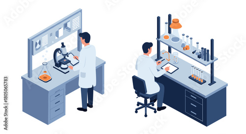 Scientists working in laboratory with modern equipment in isometric design