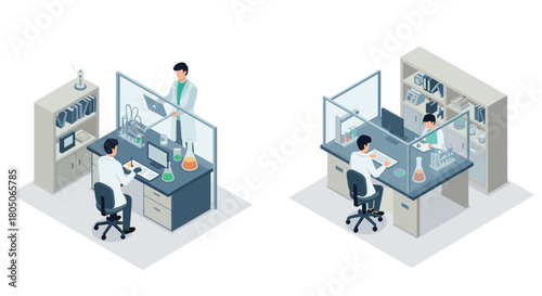 Isometric laboratory workspace with scientists and equipment for modern research design