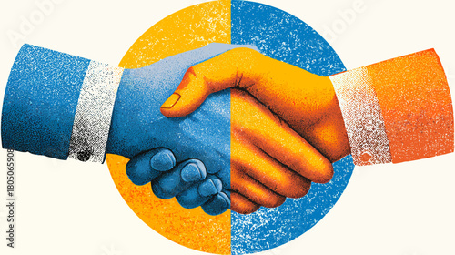 Dynamic textured illustration of two contrasting blue and orange hands shaking, symbolizing business partnership, agreement, and cooperation.