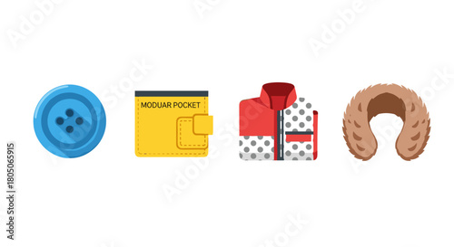 Colorful clothing accessories including button, wallet, jacket, and neck scarf  , Adaptive & Modular Fashion icon set