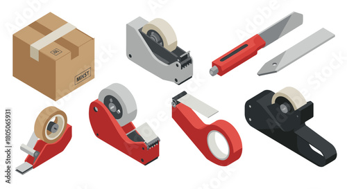 Isometric packaging tools: diverse tape dispensers and box cutter set