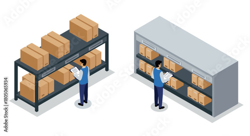Warehouse inventory management with workers checking boxes on shelves in isometric style