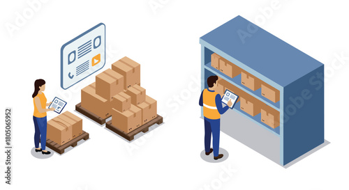 Warehouse management isometric concept with employees checking inventory