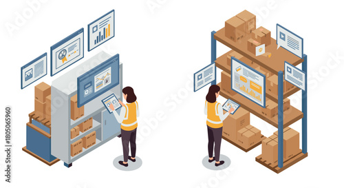 Warehouse inventory management isometric design with analytics displayed on screens