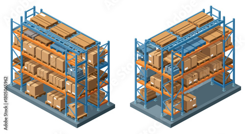 Industrial warehouse shelving with boxed goods in modern isometric style