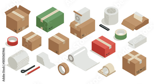 Isometric cardboard boxes and packaging supplies set for shipping and storage