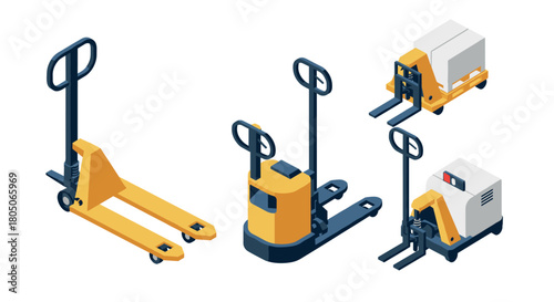 Isometric pallet trucks and forklifts: modern industrial equipment for warehousing and logistics