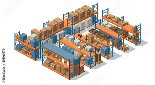 Isometric warehouse shelves with boxes and packages