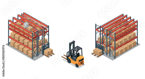 Isometric warehouse with forklift and shelves loaded with boxes